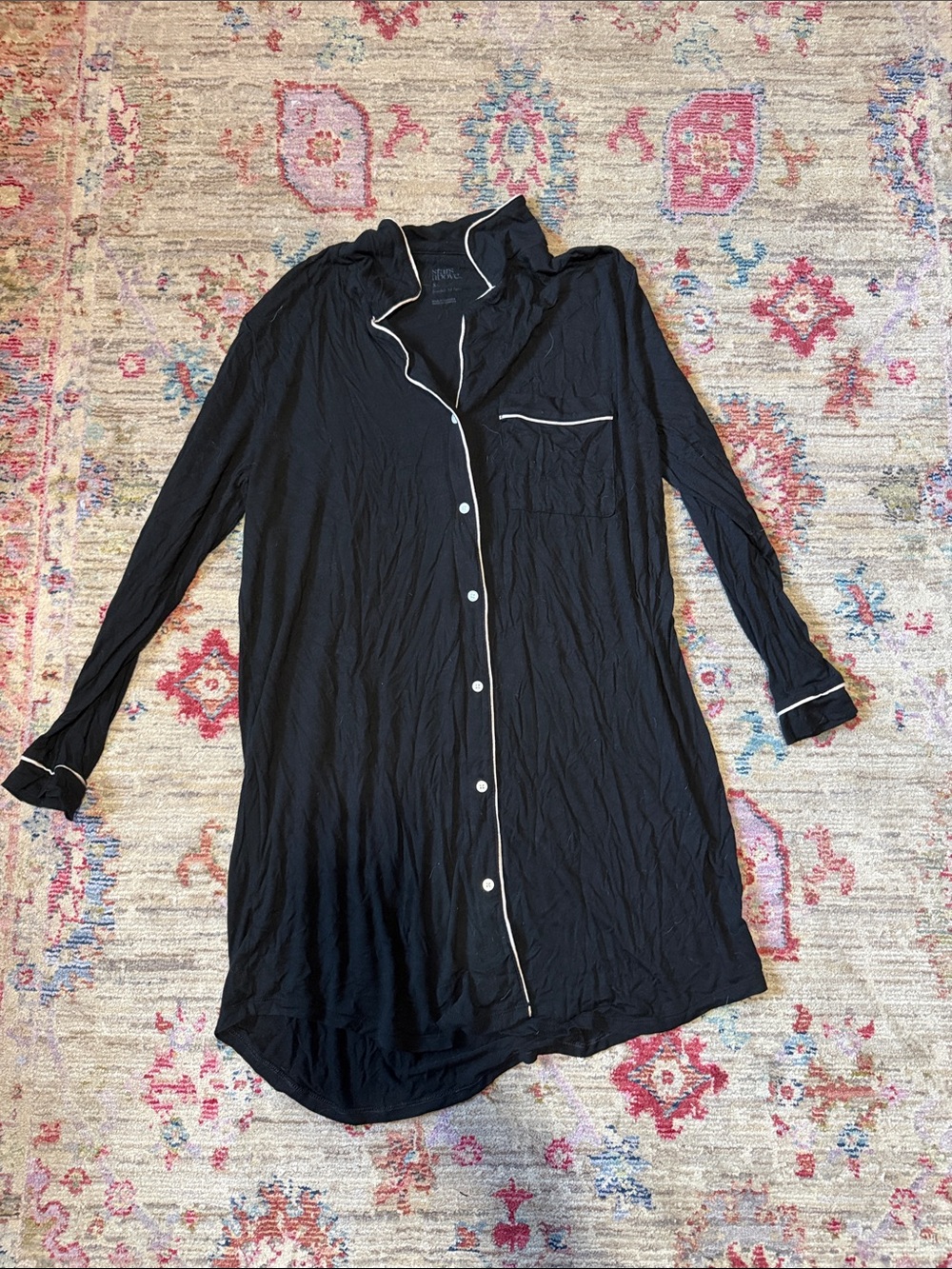 Black Button-Up Sleep Shirt with White Piping